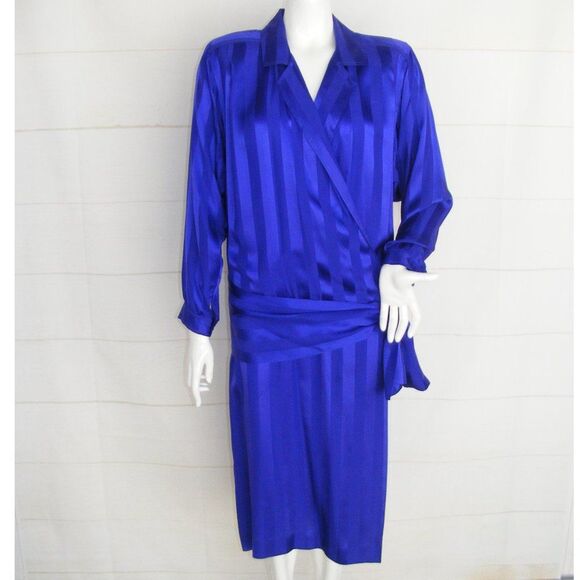 LIZ CLAIBORNE Silk Dress, 12 Blue-PURPLE Jaquard Stripes, Drop Waist - Picture 11 of 11